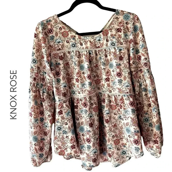 KNOX ROSE | NWOT | BOHO FLORAL LONG SLEEVE TIERED TASSEL TOP | SIZE: SMALL - Picture 1 of 11